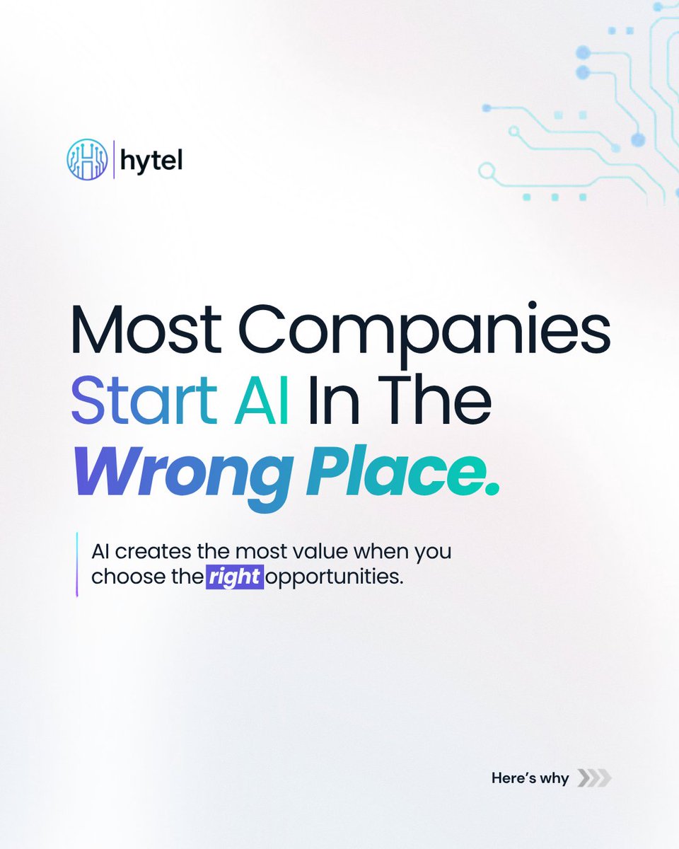hytelglobal's tweet photo. The biggest AI opportunity isn't always the most obvious one.

Many businesses rush to automate everything, only to discover they've solved the wrong problem.

The best AI initiatives start by identifying where AI can create meaningful business value.

Ask yourself:

• Which tasks consume the most time?
• Where are teams slowed down by repetitive work?
• Which processes rely on manual data handling?
• Where are decisions delayed because information is difficult to access?
• Which bottlenecks are preventing your business from scaling?
These are the opportunities worth exploring.
AI Enablement isn't about implementing more AI.
It's about implementing the right AI, in the right place, for the right reasons.

#AIEnablement #ArtificialIntelligence #BusinessStrategy #BusinessTransformation #DigitalTransformation #FutureOfWork #Hytel