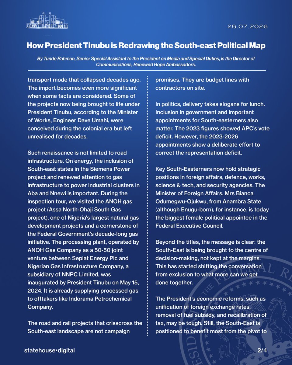 NGRPresident's tweet photo. How President Tinubu is Redrawing the South-east Political Map.

By Tunde Rahman, Senior Special Assistant to the President on Media and Special Duties, is the Director of Communications, Renewed Hope Ambassadors.

@tunderahmanu https://t.co/gnJ957M13S