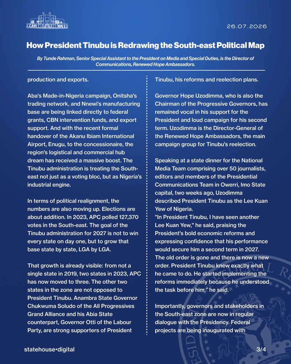 NGRPresident's tweet photo. How President Tinubu is Redrawing the South-east Political Map.

By Tunde Rahman, Senior Special Assistant to the President on Media and Special Duties, is the Director of Communications, Renewed Hope Ambassadors.

@tunderahmanu https://t.co/gnJ957M13S