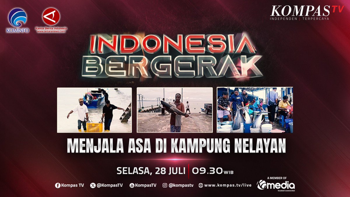 KompasTV's tweet photo. Dengan luas perairan 6,4 juta kilometer persegi, laut Indonesia jadi penopang pangan sekaligus ekonomi bangsa. Menjawab potensi besar ini, Kementerian Kelautan dan Perikanan menghadirkan program Kampung Nelayan Merah Putih, sebuah upaya mentransformasi kampung nelayan tradisional menjadi kawasan perikanan yang modern, produktif, dan terintegrasi.

Indonesia Bergerak menyusuri Desa Samber Binyeri, Biak Numfor, Papua, lokasi proyek percontohan program ini. Di sana, sarana dan prasarana baru membuat hasil tangkapan nelayan lebih mudah menjangkau pasar, sekaligus membuka peluang usaha bagi warga sekitar.

Saksikan kisah selengkapnya dalam #IndonesiaBergerak episode “Menjala Asa di Kampung Nelayan”, Selasa, 28 Juli 2026 pkl 09.30 WIB hanya di KompasTV!

▶️ https://t.co/NDSWXwfnVV

@antaranews