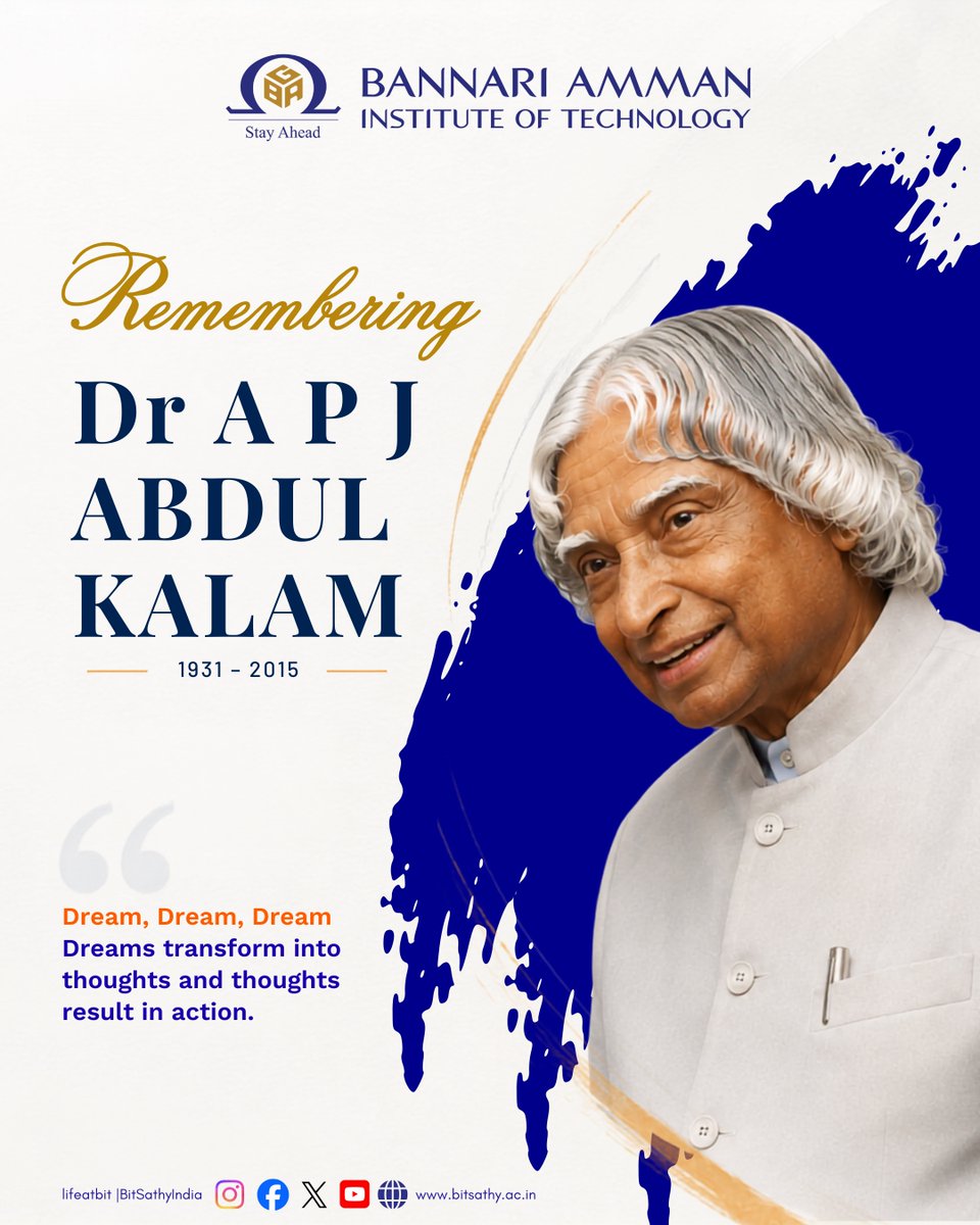 Bitsathyindia's tweet photo. Remembering Dr. A. P. J. Abdul Kalam, the People's President and a visionary who inspired generations to dream beyond boundaries.

"Dream, Dream, Dream. Dreams transform into thoughts and thoughts result in action." 🇮🇳

#DrAPJAbdulKalam #bitsathy #Innovation #Education #teambit https://t.co/XJ5mKFgn33