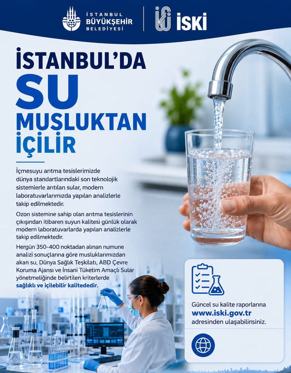 abonedairebsk's tweet photo. 💧 İstanbul'un Suyuna Güvenin. Uluslararası standartlarda analiz edilen içme suyu, güvenle tüketebileceğiniz kalitede. #İSKİ #İstanbul #Güvenli
#Temiz #İçmeSuyu #Sağlıklı https://t.co/rw0Bm0I3Z5