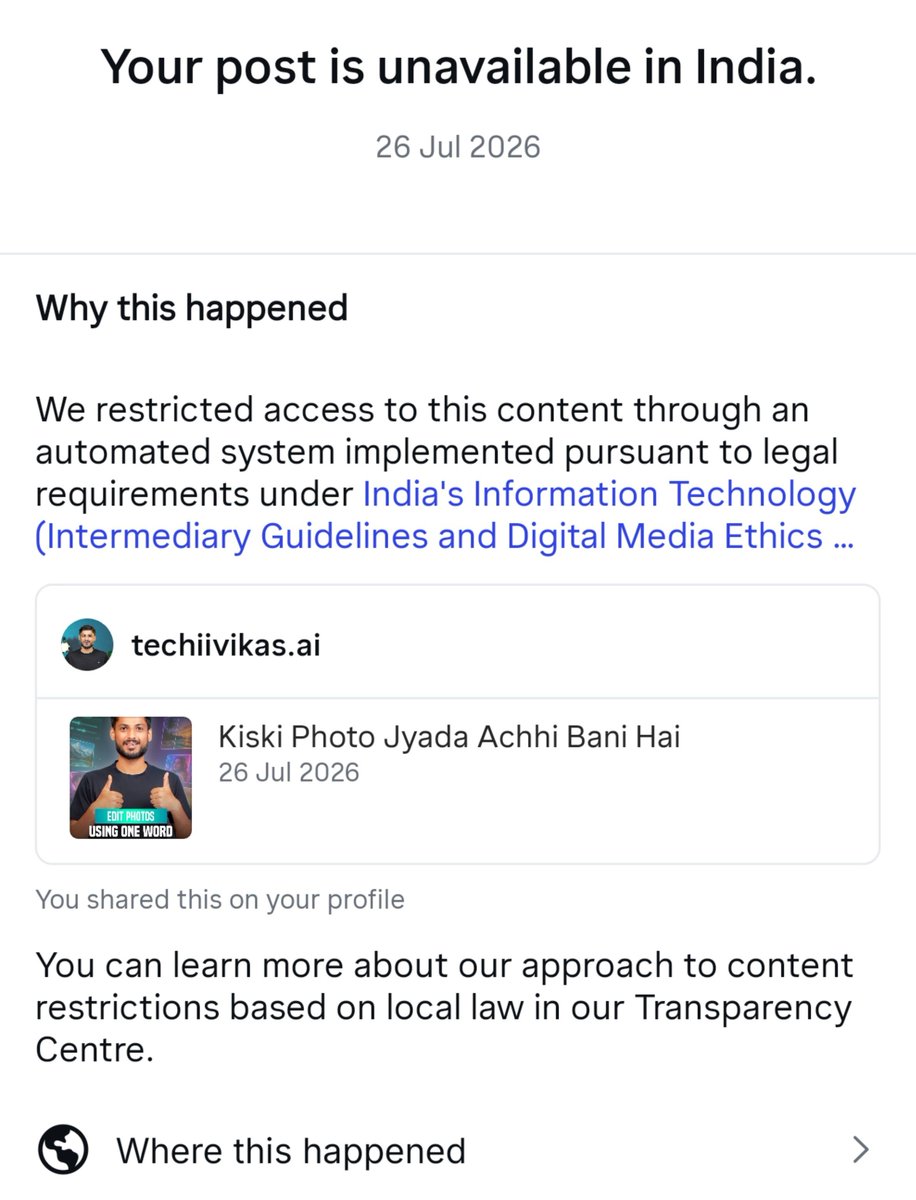 GeekyVikas's tweet photo. 🚨VIDEO RESTRICTED 2 TIMES

In this video I just shown some ChatGPT photo editing tricks.

And used Prime Minister Modi's photo for example and now the video is unavailable in India.

I believe it was a pure educational content, but strange to see this 🤐 https://t.co/MP48IF2LKz