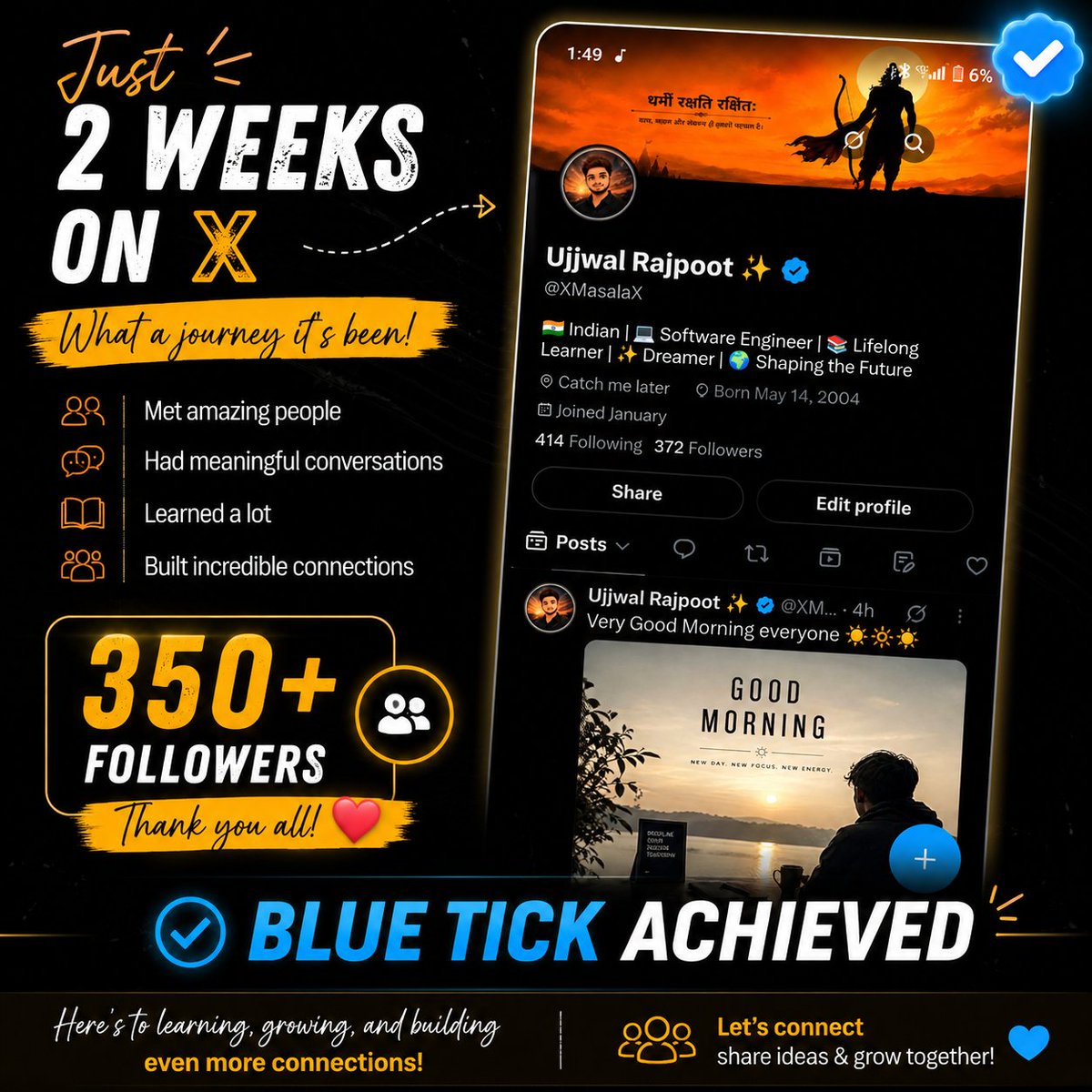XMasalaX's tweet photo. Just 2 weeks on X, and what a journey it's been. 

I have met incredible people, had great conversations, learned a lot and I got 
✅350+ followers 
✅Blue tick 💙

Looking forward to connecting with more people, sharing ideas and growing together. 

Let's connect together! 🤝❤️ https://t.co/OujFsG1S7L