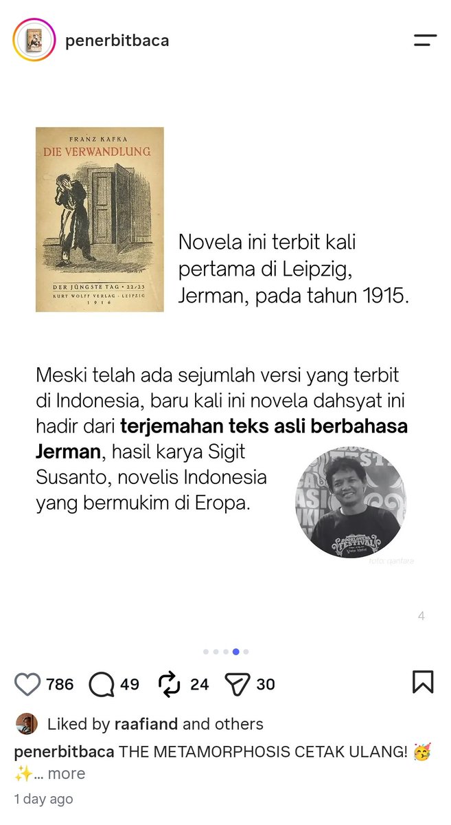 ridoarbain's tweet photo. Baru kemarin, Penerbit Baca mengumumkan kalau terjemahan The Metamorphosis—yang dulu sempat dirilis tahun 2018 dengan judul Metamorfosa Samsa—akan dicetak ulang, masih dengan hasil terjemahan Sigit Susanto.

Nah, hari ini, tiba-tiba Penerbit Kakatua memposting di IG Story kalau hak terjemahan The Metamorphosis oleh Sigit Susanto masih resmi dipegang oleh Kakatua sejak diterbitkan tahun 2022.

Menurut kalian gimana nih?