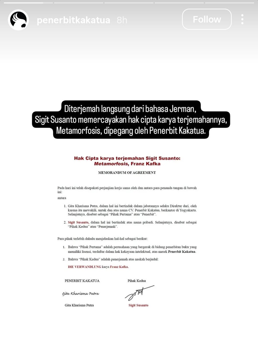 ridoarbain's tweet photo. Baru kemarin, Penerbit Baca mengumumkan kalau terjemahan The Metamorphosis—yang dulu sempat dirilis tahun 2018 dengan judul Metamorfosa Samsa—akan dicetak ulang, masih dengan hasil terjemahan Sigit Susanto.

Nah, hari ini, tiba-tiba Penerbit Kakatua memposting di IG Story kalau hak terjemahan The Metamorphosis oleh Sigit Susanto masih resmi dipegang oleh Kakatua sejak diterbitkan tahun 2022.

Menurut kalian gimana nih?