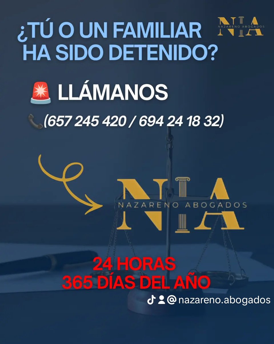 NazarenoAbogado's tweet photo. 💠 ASISTENCIA A DETENIDOS 24H 

Otra de nuestras especialidades es la asistencia a los detenidos durante las 24 horas ⏰, los 365 días del año 📆.

SI TU O UN ALGÚN FAMILIAR HA SIDO DETENIDO ⬇️

Llámanos sin compromiso 
☎️ 657 245 420 / 694 24 18 32 https://t.co/MCPHPDbSic