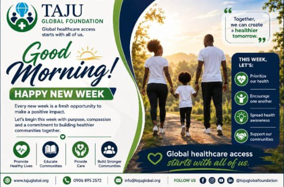 TajuGlobal's tweet photo. A new week brings new opportunities to make a difference.
Let's choose healthy habits, support one another, and help build stronger communities.
Global healthcare access starts with all of us.
🌐 https://t.co/ChKPJIUzpc
📞 0906 895 2572
 #HealthcareForAll #TajuGlobalFoundation https://t.co/EWU7PFW6zW