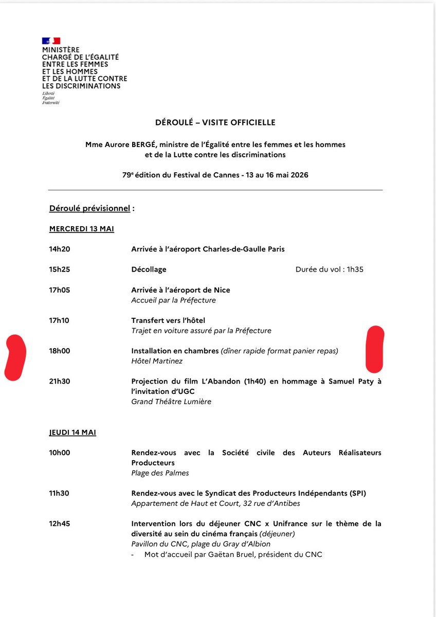 french_report78's tweet photo. 🔴💸 SUIVI — J’ai reçu les documents relatifs au déplacement d’Aurore Bergé au Festival de Cannes. Je les analyse et vous ferai un retour détaillé dans la journée.

Une incohérence importante apparaît toutefois déjà : Aurore Bergé semble avoir passé deux nuits à l’Hôtel Martinez sans qu’aucune dépense d’hébergement correspondante n’apparaisse dans les documents transmis.

Le programme officiel prévoit son installation au Martinez dès le 13 mai, tandis que l’État ne semble prendre en charge son hôtel qu’à compter de la nuit du 15 au 16 mai, dans un autre établissement pour 752€.

Qui a donc réglé les deux premières nuits dans le palace cannois pour elle et les deux membres de son cabinet ?