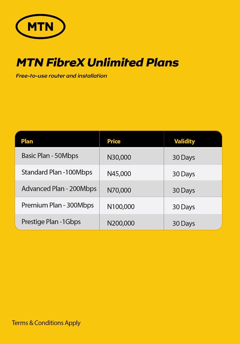 MTNFibreX's tweet photo. MTN FibreX is an unlimited data plan that comes with free router and free installation across all states within Nigeria . https://t.co/DPkxOMO4gN