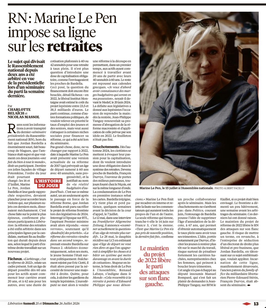 LesJeunesBR's tweet photo. Les choses sont claires : Marine Le Pen s’enferme dans une réforme des retraites de gauche.

« L’arbitrage, c’est la réforme de 2022. Il n’est plus question d’introduire une dose de capitalisation. »

Le RN défend le système en faillite et ne fera aucune réforme structurelle. 

Le seul à assumer une rupture courageuse, c’est @BrunoRetailleau.