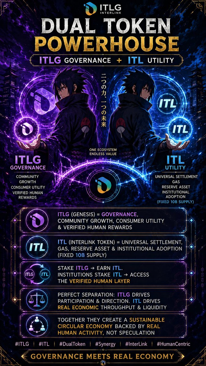 LOVEBEATZZ20975's tweet photo. Two tokens. One powerful ecosystem. ⚡ ITLG drives governance and community participation, while ITL powers payments, gas, and settlement. Together they create a sustainable, human-centric economy built for long-term growth.
#ITLG #ITL #DualToken #Synergy #InterLink https://t.co/tuEHbd9rsY
