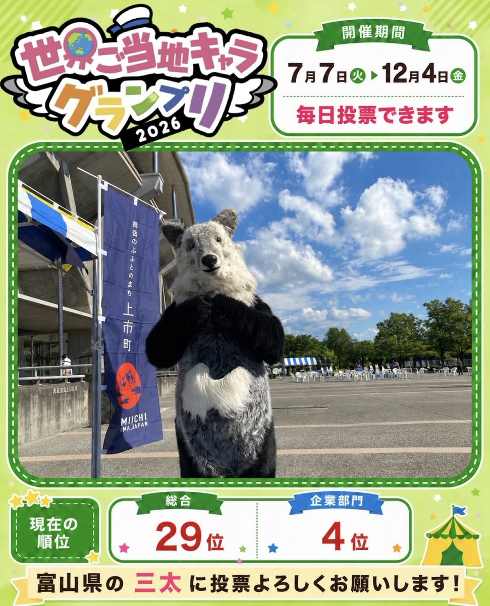 kamoshika_net's tweet photo. みんな今日も応援ありがと〜やちゃ🐮
本日の順位！😆
総合      29位  ↗︎
企業部門4位  →
明日もよろしくやちゃ☺️
投票はこちらから
↓↓
https://t.co/9dSojvy4AL

#世界ご当地キャラグランプリ
#富山県
#上市町
写真情報
#富山県総合運動公園 https://t.co/6SrgAj6ZVA