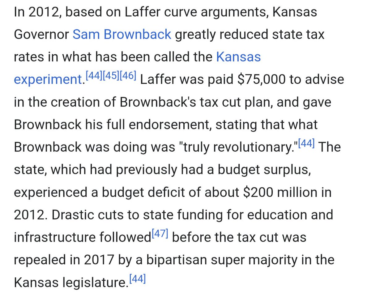 Piplodocus_'s tweet photo. @gus71v @CPhilpOfficial Not well established. More like somewhere between highly disputed and debunked. For example, when Kansas reduced taxes *with Laffer himself signed on and advising on the project*, the state's healthy budget surplus quickly became a huge deficit. https://t.co/qyWoIIK6nM