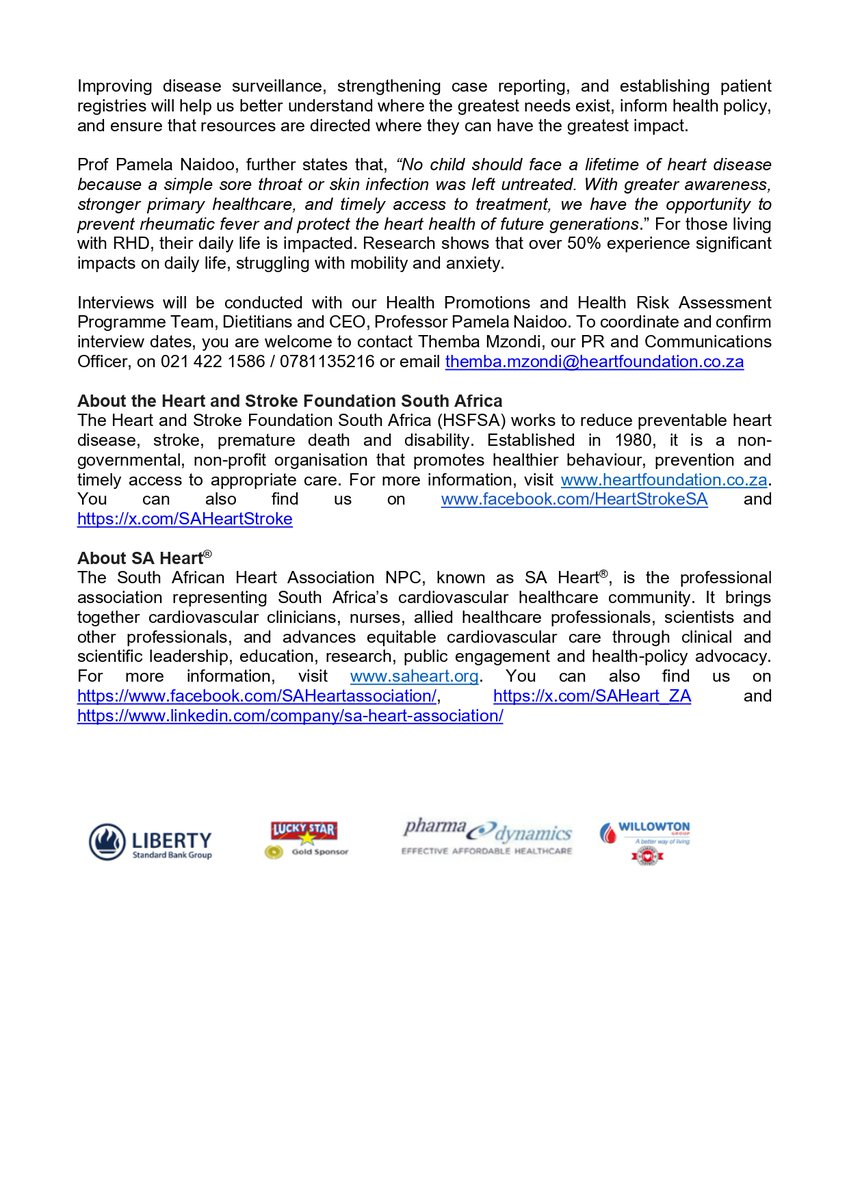 SAHeartStroke's tweet photo. The Heart and Stroke Foundation South Africa (HSFSA) is gearing up to commemorate Rheumatic Fever Week .❤️🧠
See Media Release Below😁
#HSFSA #rheumaticfeverweek #healthyliving #healthyeating https://t.co/lMfd8mxJS0