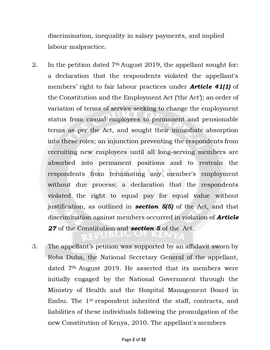 OduorACaroline's tweet photo. The era of disguising permanent jobs as "casual" employment is steadily coming to an end.

In Kenya County Government Workers Union v Embu County Government & Another (Civil Appeal No. 178 of 2020) [2026] KECA 1481 (KLR) (24 July 2026), the Court of Appeal has held that where employees are continuously engaged for long periods under rolling short-term contracts or are described as casual employees while performing work of a permanent nature, the court will look beyond the contractual label to the true substance of the employment relationship. 

Such employees acquire statutory protection under section 37 of the Employment Act and Article 41 of the Constitution, and the employer cannot rely on artificial contractual arrangements to deny permanent employment rights.