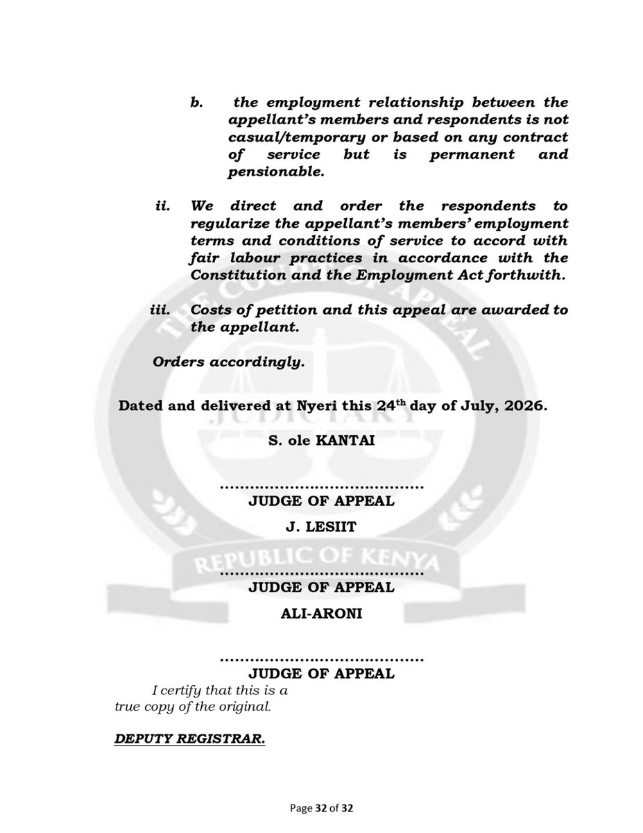 OduorACaroline's tweet photo. The era of disguising permanent jobs as "casual" employment is steadily coming to an end.

In Kenya County Government Workers Union v Embu County Government & Another (Civil Appeal No. 178 of 2020) [2026] KECA 1481 (KLR) (24 July 2026), the Court of Appeal has held that where employees are continuously engaged for long periods under rolling short-term contracts or are described as casual employees while performing work of a permanent nature, the court will look beyond the contractual label to the true substance of the employment relationship. 

Such employees acquire statutory protection under section 37 of the Employment Act and Article 41 of the Constitution, and the employer cannot rely on artificial contractual arrangements to deny permanent employment rights.