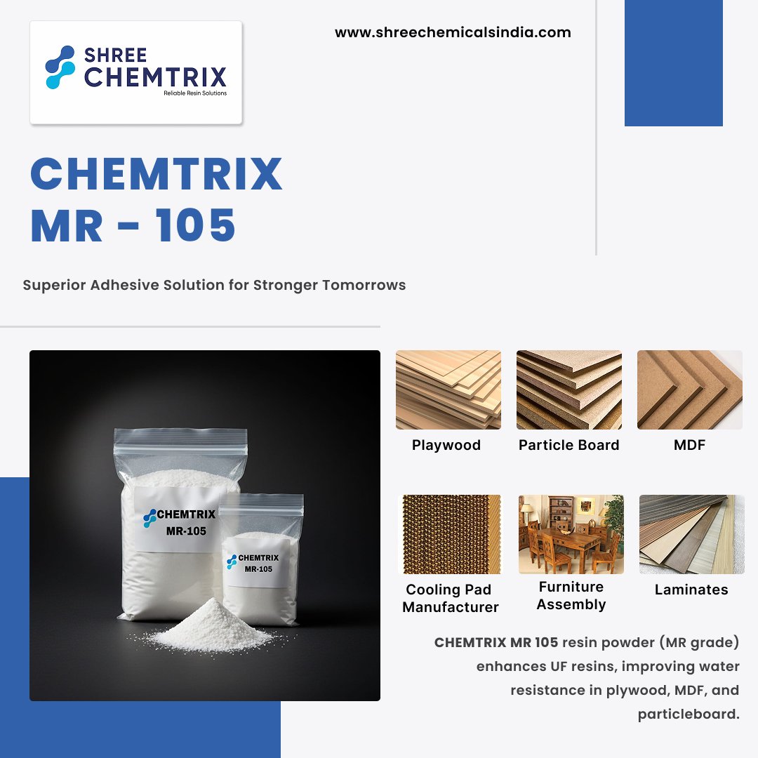 ShreeChemtrx's tweet photo. CHEMTRIX MR 105 (MR grade) improves UF resins with water resistance for plywood, MDF &amp; laminates. Cost-effective, strong &amp; ideal for humid conditions in furniture &amp; construction.

#ResinIndustry #WoodProcessing #UFResin #Adhesives #IndustrialChemicals #Resin https://t.co/gVe7ppZrDQ