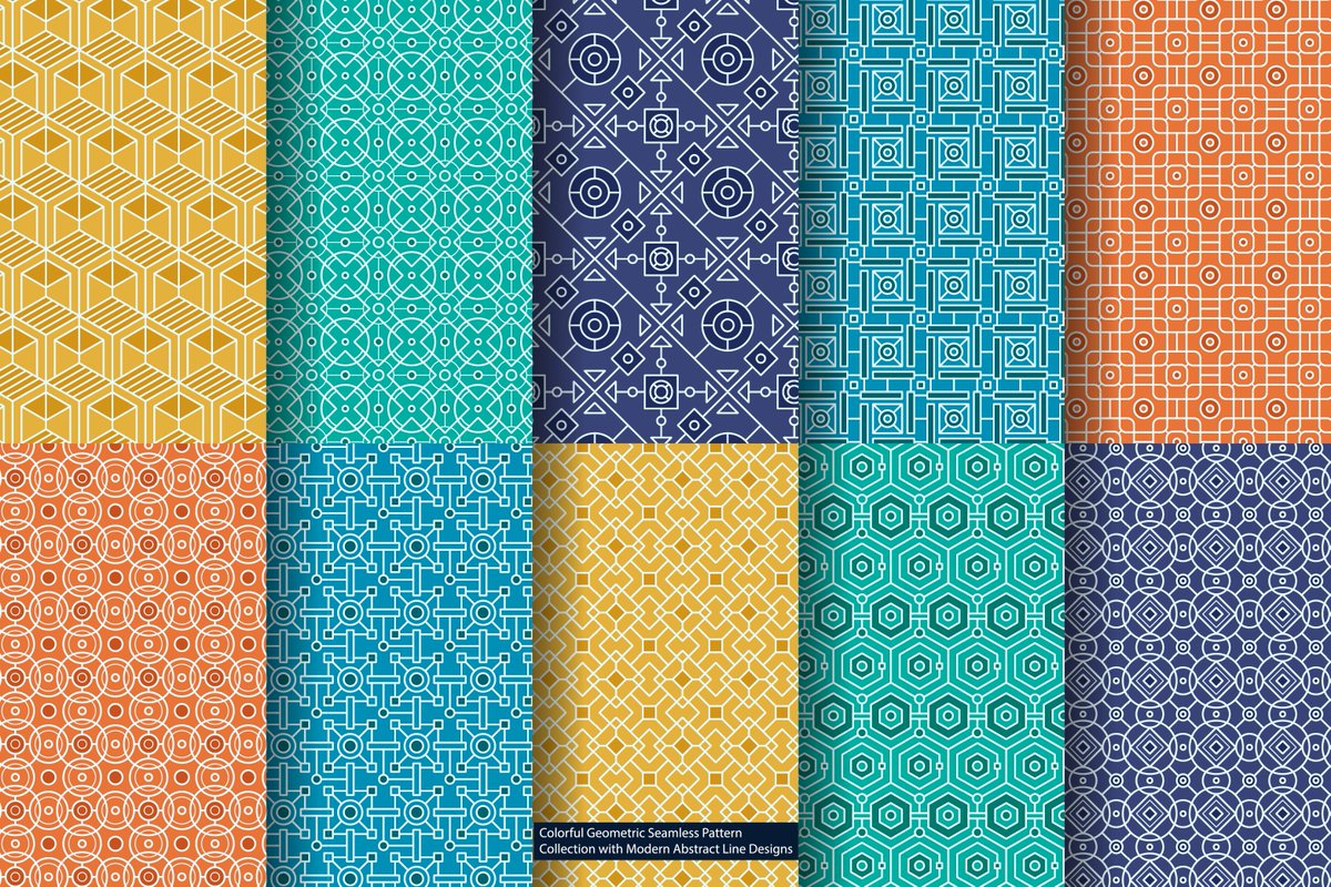 syeed1501's tweet photo. A vibrant collection of colorful geometric seamless patterns featuring modern abstract line art and repeating vector designs. This premium set showcases clean geometric shapes, hexagons, circles, cubes, and decorative linear motifs in bold contemporary color palettes including . https://t.co/rgLyDohFgi