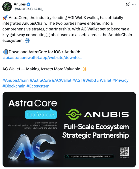 AstraCoreGlobal's tweet photo. Excited to officially join the
@ANUBISCHAIN_
ecosystem! 🚀 This strategic partnership marks another step toward a more connected, intelligent, and accessible Web3.  With AstraCore Wallet, users can seamlessly access the growing AnubisChain ecosystem and manage their digital assets with confidence.  The journey is just getting started. 📷 📷https://t.co/F41nW4rIEM #AstraCore #AnubisChain #Web3 #Crypto #Wallet