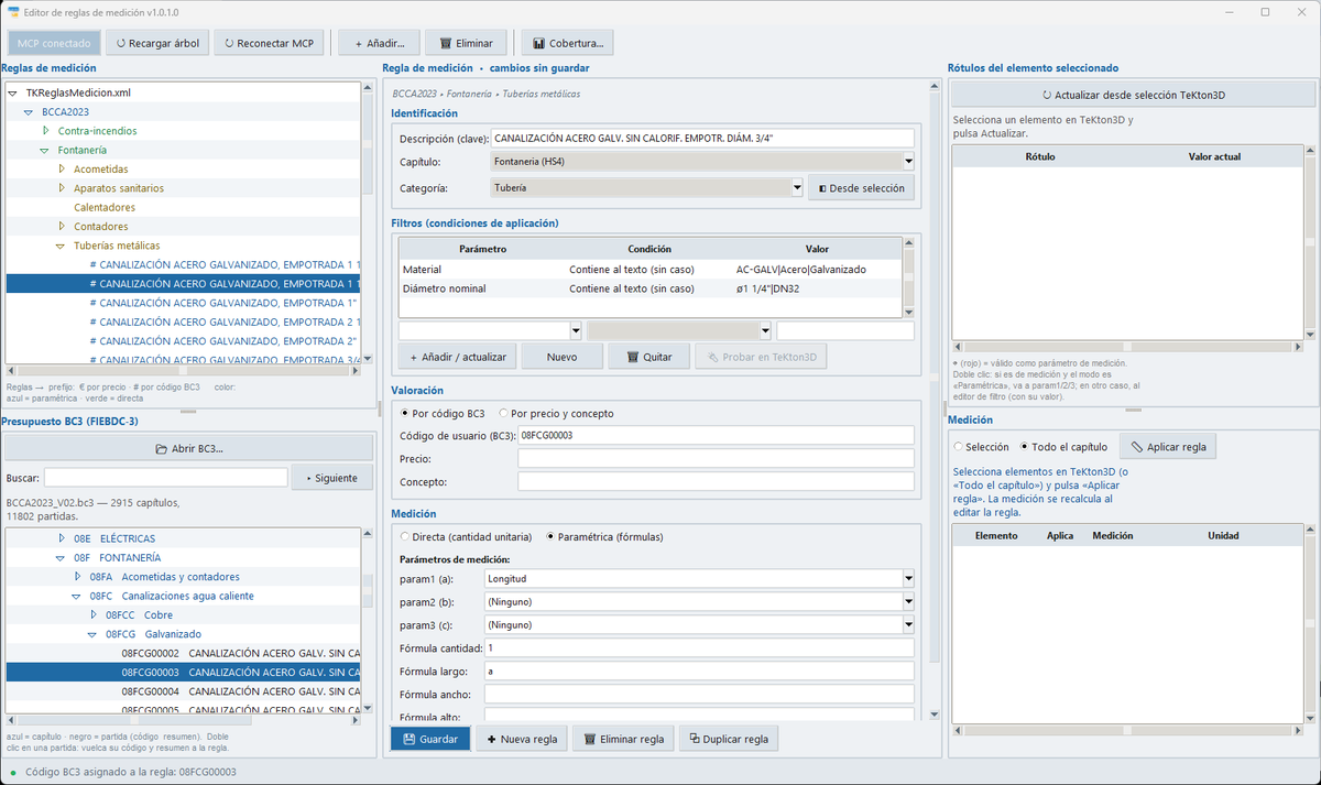 iMventa's tweet photo. 📢Nuevo complemento para #TeKton3D: Editor de reglas de medición. Crea reglas desde bancos de precios #BC3, prueba filtros directamente sobre el modelo y detecta elementos sin medir o posibles solapes.  Más información en https://t.co/2yRERGedmC #BIM #FIEBDC https://t.co/hYqusU2JWC