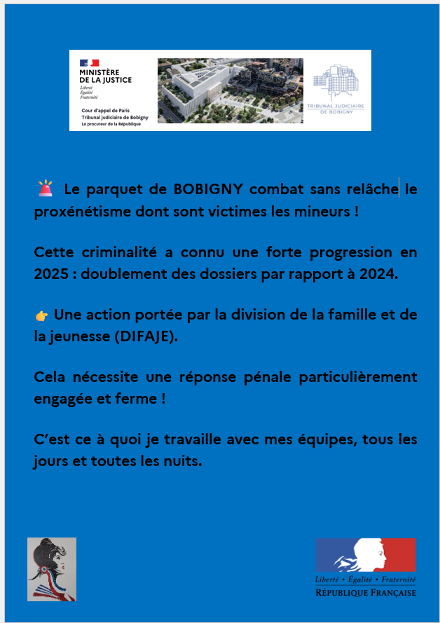 Procureur93's tweet photo. ⚠️ Le parquet de BOBIGNY combat sans relâche le proxénétisme dont sont victimes les mineurs.

Moins de quatre mois séparent le signalement initial de la condamnation finale.

👉Une action portée par la division de la famille et de la jeunesse (DIFAJE)
⤵️
https://t.co/QZMLGpNSXw https://t.co/M3Iylh0Z66