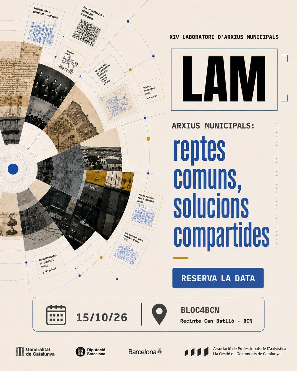 AAC_GD's tweet photo. Reserva la data!  
🗓️15 octubre de 2026
🗺️BLOC4BCN. Recinte Can Batlló. Barcelona
📢XIV Laboratori d'Arxius Municipals https://t.co/VKcom9vGUC