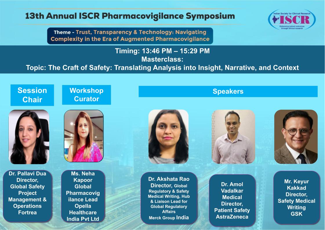 iscrindia's tweet photo. The Craft of Safety: Translating Analysis into Insight, Narrative, and Context"
📅 7th Aug 2026 | 1:46–3:29 PM
📍 Hyatt Centric, Hebbal, Bengaluru
Chaired by Dr. Pallavi Dua, Fortrea. Speakers: Dr. Akshata Rao (Merck), Dr. Amol Vadalkar (AstraZeneca), Keyur Kakkad (GSK).
#ISCR https://t.co/RLAvFmiUuK