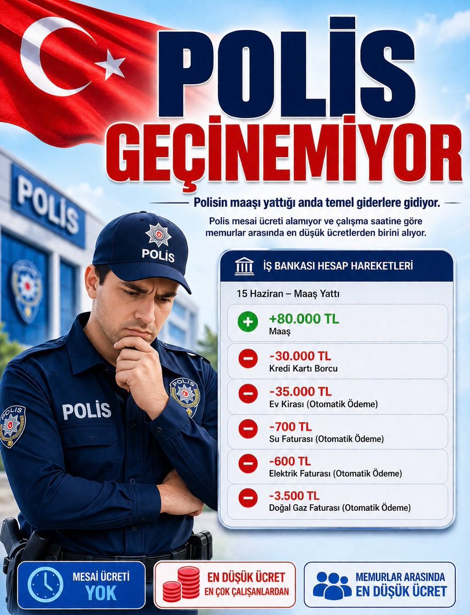 Birpls1's tweet photo. Son yıllarda yaşanan yüksek enflasyon tüm toplumu olduğu gibi polisleri de olumsuz etkilemiş durumda

Çalışma imkanları daha iyi olan diğer meslek grupları bu kaybı ek iş yaparak minimuma indirebiliyorken,

Polisler olarak yoğun çalışma temposu ve idari olarak engel bulunması nedeniyle ek iş yapma imkanımız da bulunmuyor 

Ülkenin huzuru ve refahı için gece gündüz çalışan polisler olarak maaşların yoksulluk sınırının üstüne çıkarılmasını bekliyoruz !

@mustafaciftcitr 
@RTErdogan 

#PolisGeçinemiyor