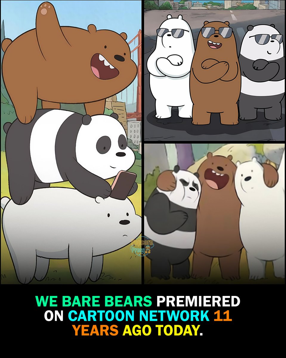 PopcornPress0's tweet photo. We Bare Bears Premiered on Cartoon Network 11 Years Ago Today
Eleven years ago today, We Bare Bears made its debut on Cartoon Network.
Grizz, Panda, and Ice Bear quickly won over audiences with their wholesome friendship, hilarious adventures, and heartfelt moments. The series remains one of Cartoon Network’s most beloved modern animated shows.
#WeBareBears #CartoonNetwork #AnimationAnniversary #GrizzPandaIceBear #CartoonFans