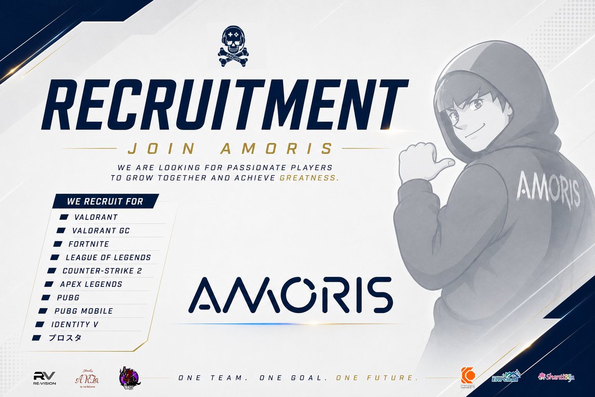 Clan_AMORIS's tweet photo. AMORIS 🏴‍☠️ #esports
ー MEMBER RECRUITMENT ー

AMORISでは、選手・運営スタッフを募集しています✨
🎮 募集部門
・VALORANT
・VALORANT GC
・FORTNITE
・League of Legends
・Counter-Strike 2
・Apex Legends
・PUBG
・PUBG MOBILE
・Identity V（第五人格）
・ブロスタ

経験者はもちろん、初心者の方も大歓迎！

「本気で競技に挑戦したい」
「運営としてチームを支えたい」
「eスポーツに関わってみたい」
そんな想いをお持ちの方のご応募をお待ちしています🔥

▼応募フォーム
https://t.co/7ao8OML6pF

📩 ご質問・ご相談はお気軽にDMまで！
#eスポーツ #VALORANT #FORTNITE #ApexLegends #CS2 #LeagueOfLegends #PUBG #第五人格 #ブロスタ #メンバー募集 #esports募集 #AMORIS
#立川 から #世界 へ🌎