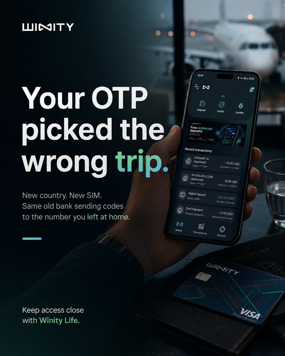 winitylife's tweet photo. New country. New SIM. Same old OTP problem. ✈️

Nothing says “travel admin” like a code being sent to the number you left at home.

Winity Life keeps access closer with secure in-app tools, account controls, and support built for people who move.
Your plans made the trip.
Your OTP did not.

Download Winity Life on your preferred App Store today.