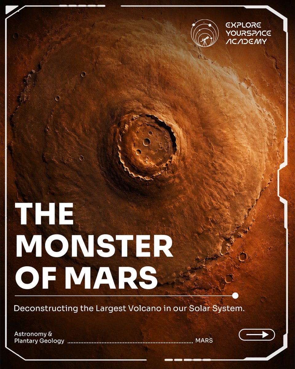 ExploreYSpace's tweet photo. Olympus Mons: the solar system’s biggest volcano! 🤯🌋

🏔️ 21.9 km tall (~3x Everest) 🗺️ 600 km wide (so huge the slope curves over the Martian horizon!) 🌋 Formed because Mars lacks moving tectonic plates.
Would you climb it in 1/3 gravity? 👇
Follow Explore Your Space Academy https://t.co/uR4rAZRes2