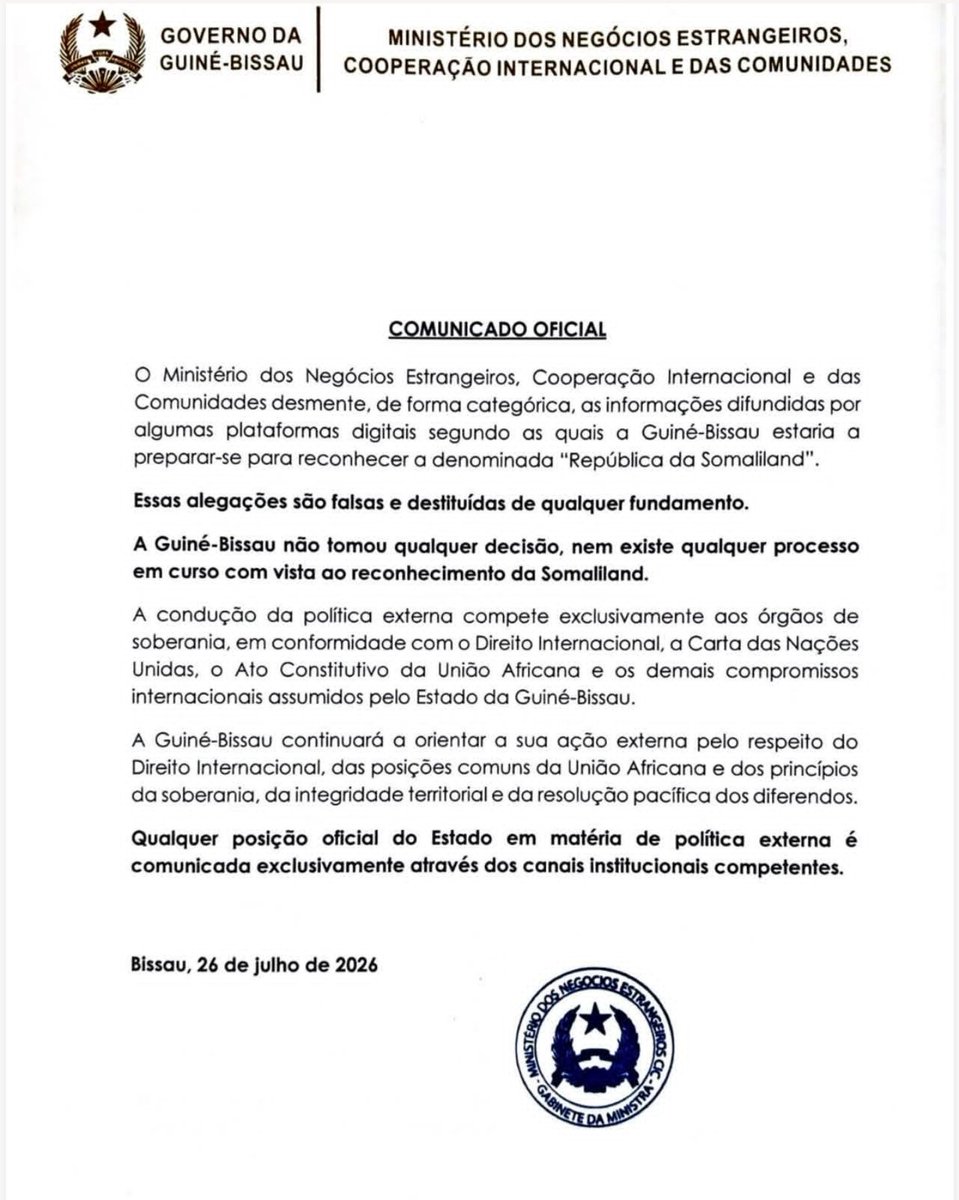 View_of_Djib's tweet photo. 🚨 🇸🇴 🇬🇼 UPDATE

The Republic of Guinea-Bissau respects the principles of the Charter of the United Nations and regards Somaliland as an integral region of the Federal Republic of Somalia.

This position is set out in an official government communiqué, issued following the dissemination of unfounded articles by a parasitic group financed by the secessionist authorities.