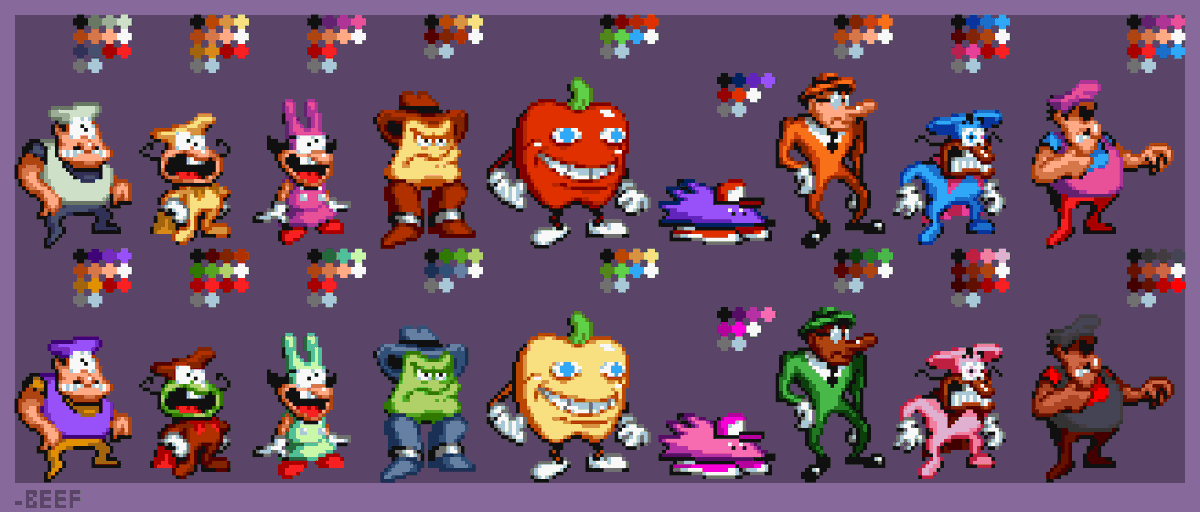 RoBEEFnik's tweet photo. full tower cast and P2 palettes #pizzatower https://t.co/ewa3vyUqgo