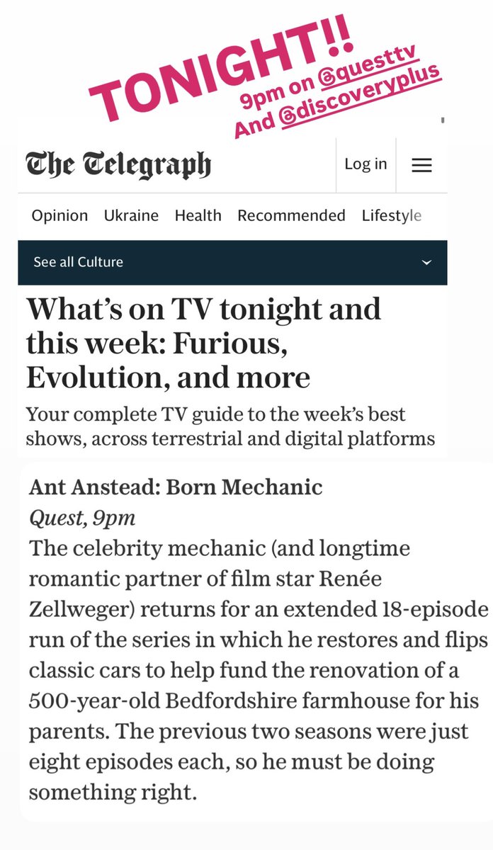 AntAnstead's tweet photo. Please RT

Season three “Born Mechanic” is on TONIGHT!!!! 9pm on @QuestTV and @discoveryplus  x https://t.co/0AsFNPFztM