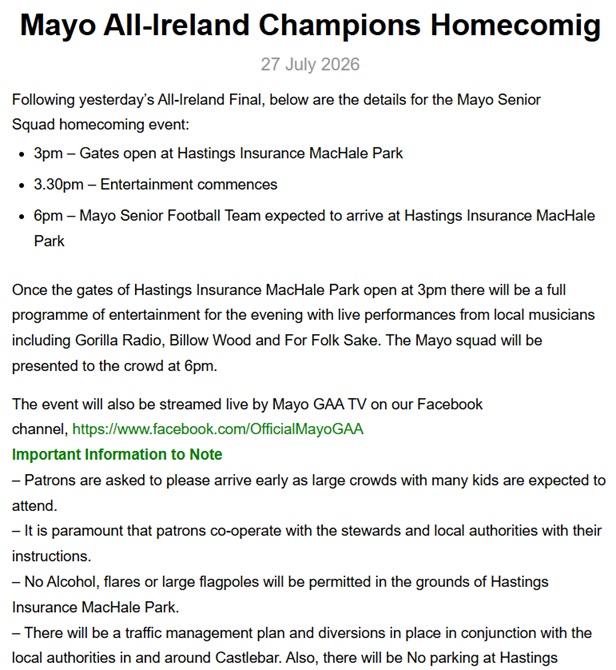 MayoClub26's tweet photo. #MayoGAA #MayoHasSam homecoming details https://t.co/J9i36I0ncP