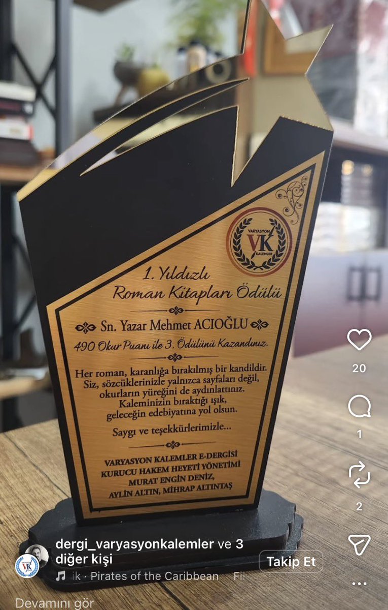 mehmetacioglu's tweet photo. Roman dalında bir ödül daha aldık. Değerli okurlarıma teşekkür ederim. https://t.co/NPNUAkqBEw