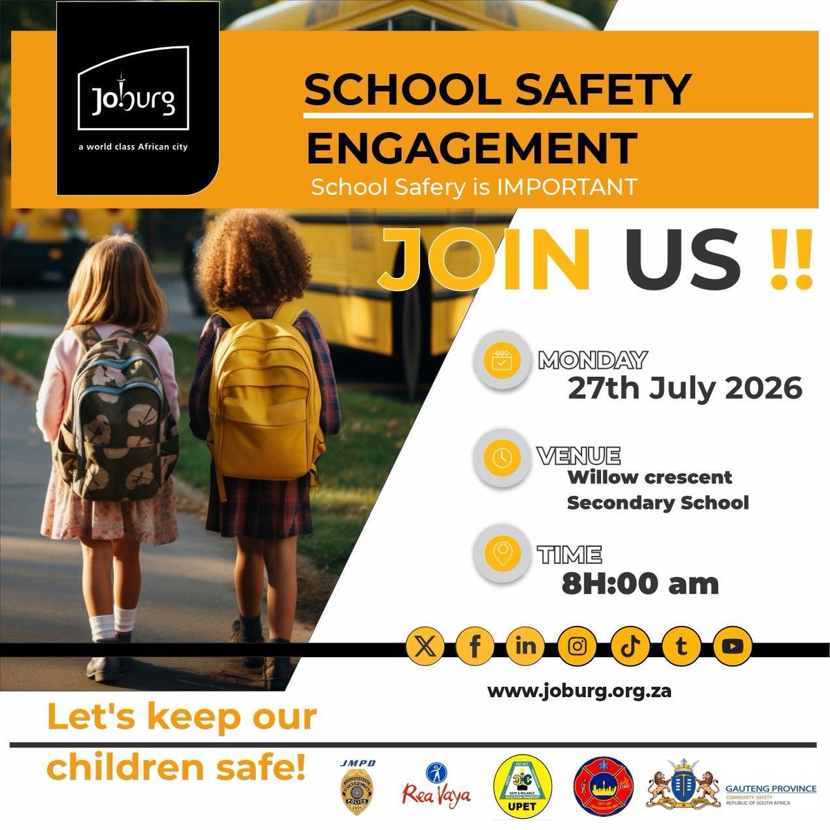 CoJTransport's tweet photo. School safety awareness engagement at Willow Crescent Secondary school.

City of Joburg Transport Department in partnership with various stakeholders prioritize the safety of our learners on the roads.
#JoburgTransport https://t.co/s2E4cZT3kL