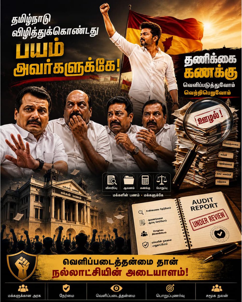 TVKHQITWingOffl's tweet photo. அடுத்தடுத்து அணிவகுத்து நிற்கிறது 21ம் நூற்றாண்டு புலிகேசி மாடல் ஆட்சியின் மீதான ஊழல் புகார்கள். 

சிங்கப்பூருக்கு மருத்துவ சுற்றுலா சென்ற கோலுவின் நெடுஞ்சாலை ஊழல்.. 
 ஆஸ்கார் அன்பிலின் பள்ளிக்கல்வி ஊழல்..
அகில உலக டுபாக்கூரின் ஷாக்கடிக்கும் ஊழல்..
சரக்கடிக்கும் ஊழல்.. 
ஸ்நேக் பாபுவின் அறநிலையத்துறை ஊழல்.. 
CMDA பணத்தை ஆட்டைய போட்ட ஊழல்.. 

இப்படி ஊழல் ஊழல் ஊழல் என வாழ்க்கையின் ஓரம்வரை ஊழலைத்தேடி ஓடிய தீயசக்தி.. Party Fund என சொன்னதும் பிடரித்தெறிக்க ஜூட்விட்ட ஓடுசக்தி.. மாணவர் போராட்டத்தை திருட முயற்சித்த திருட்டு சக்தி.. மாறுவேடத்தில் மரு வைத்து சுற்றுகிறது.
 
திமுகவின் ஊழல் பட்டியலை அம்பலப்படுத்தும் 'தணிக்கை கணக்கு' வரும் பட்ஜெட்டில் வெற்றிக்கழக நிர்வாகத்தால் தாக்கல் செய்யப்படும்! 
இந்தமுறை 'ஆப்பு கண்ணுக்குத் தெரியும்'! அமிதாப் மாமா, 
We are coming!