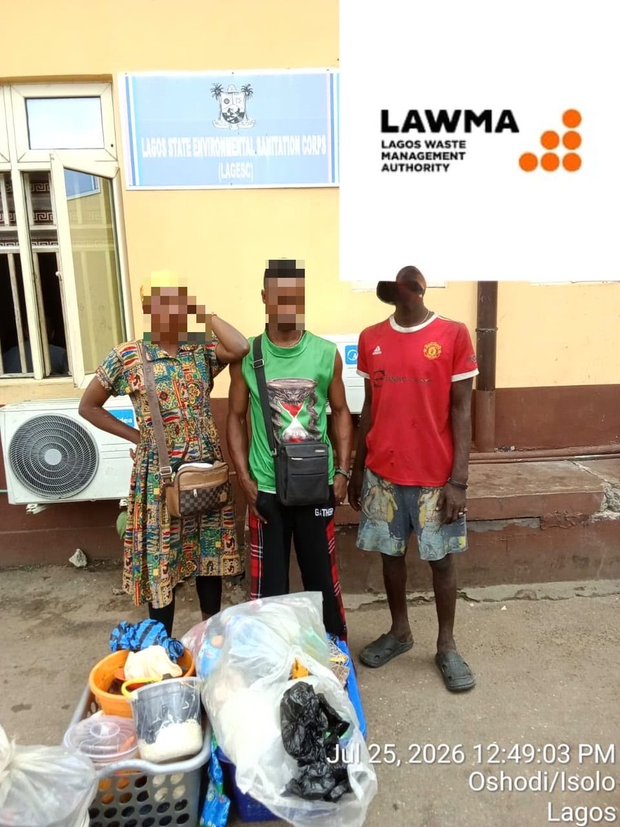 Lawma_gov's tweet photo. Waste Surveillance and Enforcement Update

As part of its sustained enforcement drive,  LAWMA has arrested several environmental offenders for various infractions in different parts of the state. 

The arrests, made through the combined efforts of LAWMA’s Waste Investigation, Surveillance and Enforcement (WISE) team, and other enforcement arms of Lagos State, led to the apprehension of Wasiu Sulaimon, Segun Abayomi, Pelumi Noah, Soliu Hamed, Abdu Muhammed, Kabir Muhammed, Monday Ogbu, Farouk Adamu, Muutar Yakubu and Lekan Abejo for illegal dumping of refuse while Destiny Bassey, Oluwakemi Sobowale, Stanley Otu  and Ridwan Adisa were arrested for street trading and obstruction.

All the suspects and others arrested for miscreancy, including Josiah Umar, Jubril Salisu, Benjamin Dare, Isik Jalfa, and Mathew Alabi have been taken to the Lagos State Task Force Office, Oshodi, where they will be charged to court in accordance with the environmental laws of Lagos State.

LAWMA remains committed to enforcing environmental regulations and ensuring that individuals who violate sanitation laws are held accountable. Residents are urged to support government sanitation efforts and dispose of waste responsibly, as well as desist from street trading and other activities that obstruct public spaces. 

If you witness indiscriminate waste dumping or any environmental offence, report it through the appropriate LAWMA channels. Together, we can build cleaner, greener, and more sustainable Lagos. 

#KeepLagosClean #EnvironmentalEnforcement #LAWMA #CleanerLagos