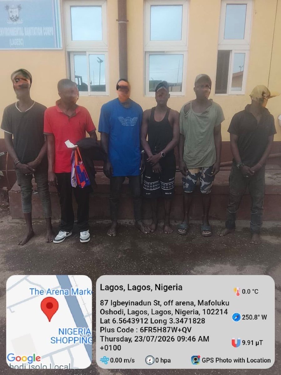 Lawma_gov's tweet photo. Waste Surveillance and Enforcement Update

As part of its sustained enforcement drive,  LAWMA has arrested several environmental offenders for various infractions in different parts of the state. 

The arrests, made through the combined efforts of LAWMA’s Waste Investigation, Surveillance and Enforcement (WISE) team, and other enforcement arms of Lagos State, led to the apprehension of Wasiu Sulaimon, Segun Abayomi, Pelumi Noah, Soliu Hamed, Abdu Muhammed, Kabir Muhammed, Monday Ogbu, Farouk Adamu, Muutar Yakubu and Lekan Abejo for illegal dumping of refuse while Destiny Bassey, Oluwakemi Sobowale, Stanley Otu  and Ridwan Adisa were arrested for street trading and obstruction.

All the suspects and others arrested for miscreancy, including Josiah Umar, Jubril Salisu, Benjamin Dare, Isik Jalfa, and Mathew Alabi have been taken to the Lagos State Task Force Office, Oshodi, where they will be charged to court in accordance with the environmental laws of Lagos State.

LAWMA remains committed to enforcing environmental regulations and ensuring that individuals who violate sanitation laws are held accountable. Residents are urged to support government sanitation efforts and dispose of waste responsibly, as well as desist from street trading and other activities that obstruct public spaces. 

If you witness indiscriminate waste dumping or any environmental offence, report it through the appropriate LAWMA channels. Together, we can build cleaner, greener, and more sustainable Lagos. 

#KeepLagosClean #EnvironmentalEnforcement #LAWMA #CleanerLagos