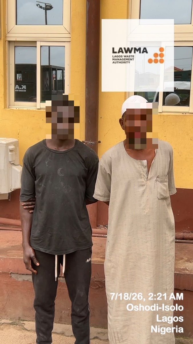 Lawma_gov's tweet photo. Waste Surveillance and Enforcement Update

As part of its sustained enforcement drive,  LAWMA has arrested several environmental offenders for various infractions in different parts of the state. 

The arrests, made through the combined efforts of LAWMA’s Waste Investigation, Surveillance and Enforcement (WISE) team, and other enforcement arms of Lagos State, led to the apprehension of Wasiu Sulaimon, Segun Abayomi, Pelumi Noah, Soliu Hamed, Abdu Muhammed, Kabir Muhammed, Monday Ogbu, Farouk Adamu, Muutar Yakubu and Lekan Abejo for illegal dumping of refuse while Destiny Bassey, Oluwakemi Sobowale, Stanley Otu  and Ridwan Adisa were arrested for street trading and obstruction.

All the suspects and others arrested for miscreancy, including Josiah Umar, Jubril Salisu, Benjamin Dare, Isik Jalfa, and Mathew Alabi have been taken to the Lagos State Task Force Office, Oshodi, where they will be charged to court in accordance with the environmental laws of Lagos State.

LAWMA remains committed to enforcing environmental regulations and ensuring that individuals who violate sanitation laws are held accountable. Residents are urged to support government sanitation efforts and dispose of waste responsibly, as well as desist from street trading and other activities that obstruct public spaces. 

If you witness indiscriminate waste dumping or any environmental offence, report it through the appropriate LAWMA channels. Together, we can build cleaner, greener, and more sustainable Lagos. 

#KeepLagosClean #EnvironmentalEnforcement #LAWMA #CleanerLagos