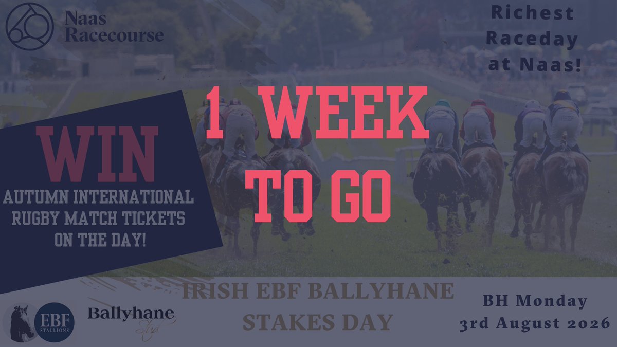 NaasRacecourse's tweet photo. ⏰ 1 week to go until @IrishEBF_  @BallyhaneStud  Stakes Day 

The richest race day at Naas is almost here

Every racegoer is entered into our Rugby Sweepstakes to win:
🏉 2 Ireland v South Africa tickets + 🏨 hotel stay
🎟️ https://t.co/9B9bR8MIG3 https://t.co/i0FzW9Uz3t