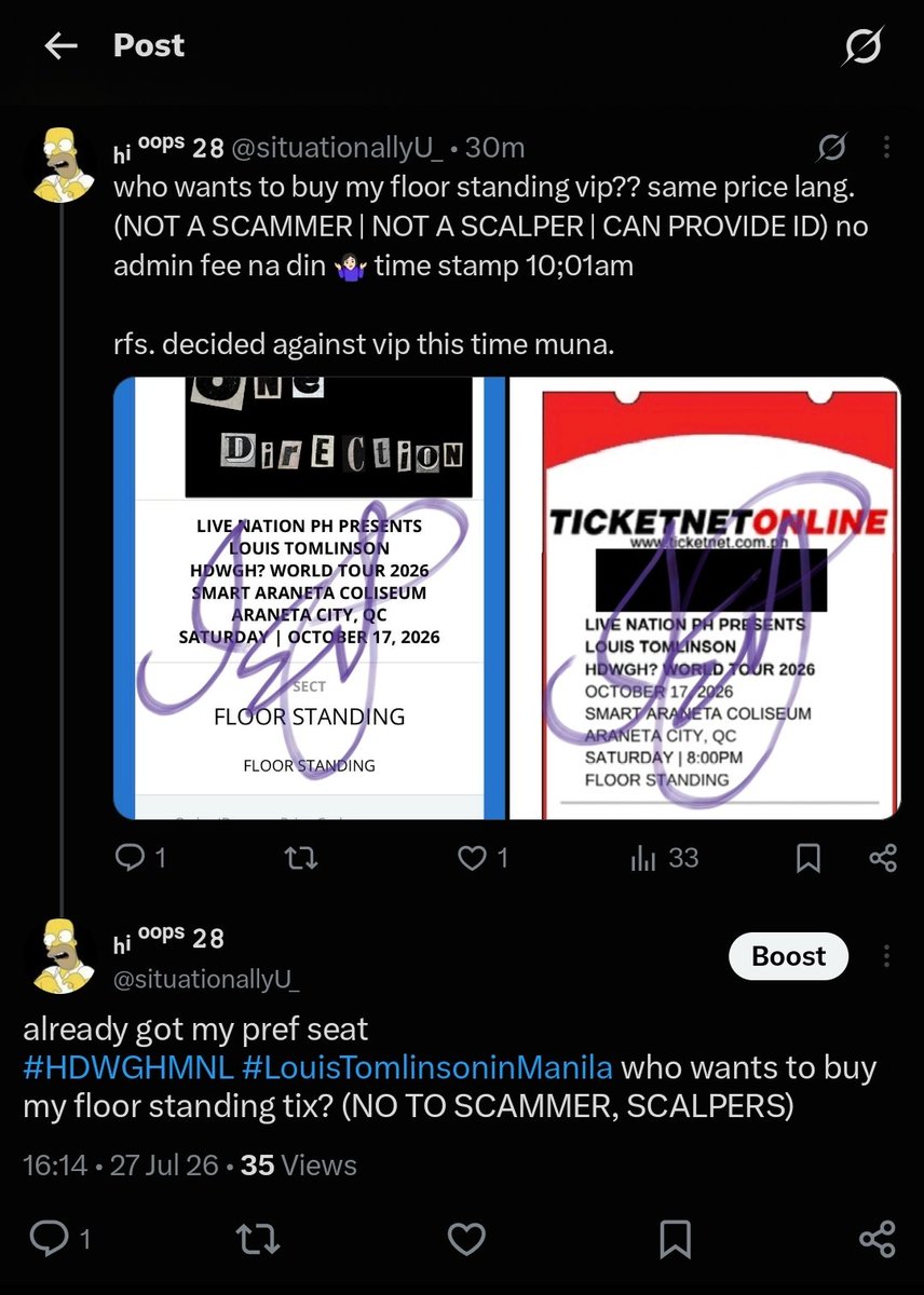 situationallyU_'s tweet photo. already got my pref seat 
#HDWGHMNL #LouisTomlinsoninManila who wants to buy my floor standing tix? (NO TO SCAMMER, SCALPERS) same price (6500) no admin fee para mabilis lang https://t.co/oupyJTIQma