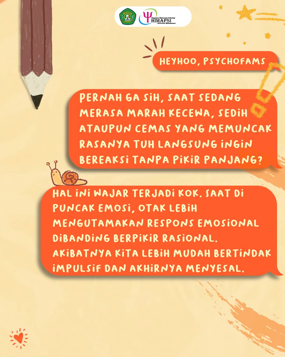 HimapsiUnmul's tweet photo. ── .✦ 𝑯𝑰𝑴𝑨𝑷𝑺𝑰 𝑻𝑶𝑫𝑨𝒀 ── .✦

𝐡𝐞𝐥𝐥𝐨 𝐩𝐬𝐲𝐜𝐡𝐨𝐟𝐚𝐦𝐬!🙌🏻
 
Pernah ga, saat emosi sedang memuncak rasanya ingin langsung bereaksi tanpa berpikir panjang? Padahal, keputusan yang diambil saat emosi belum stabil seringkali berakhir dengan penyesalan. https://t.co/UPRayPtrip