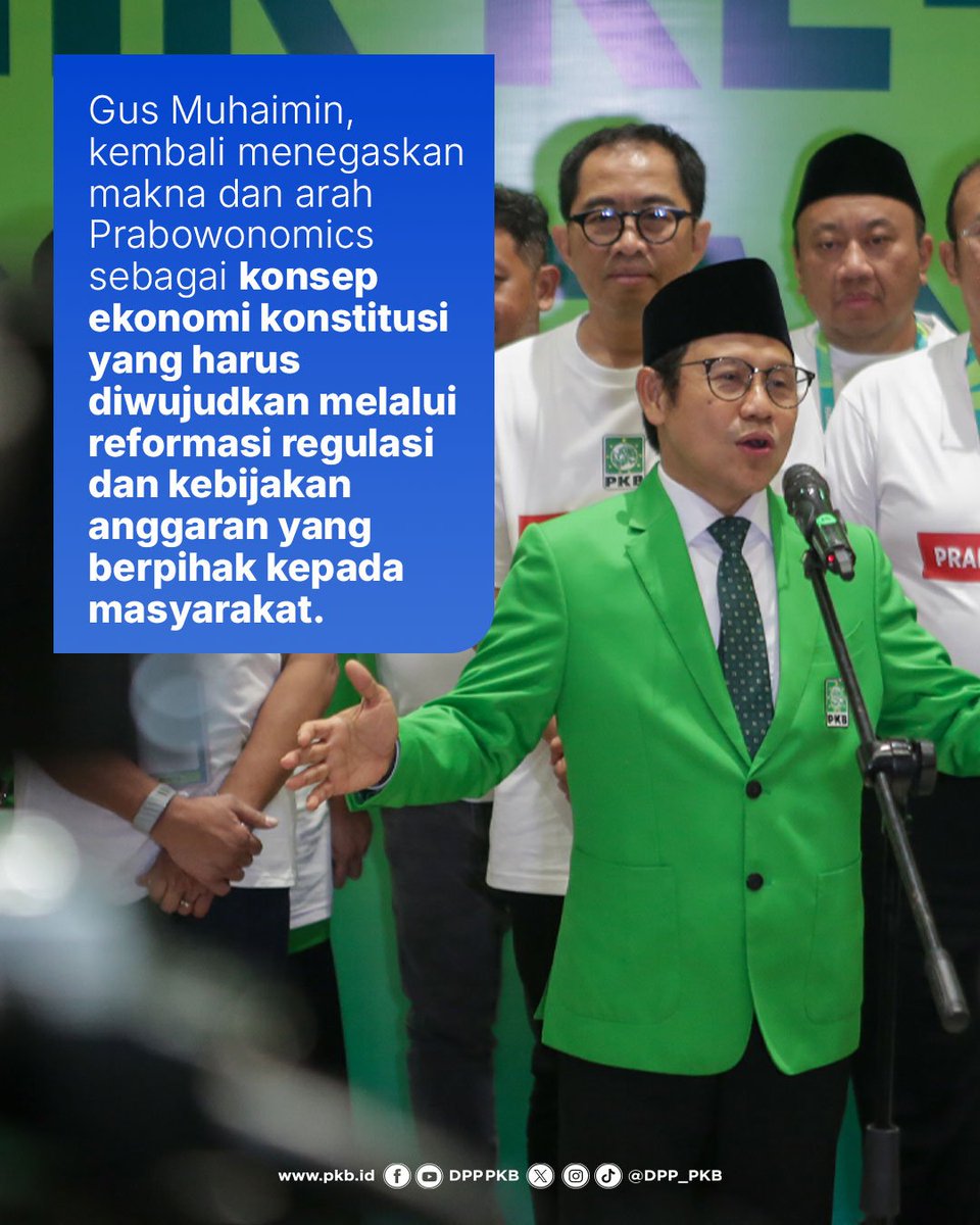DPP_PKB's tweet photo. Ekonomi konstitusi harus berpihak kepada rakyat. PKB mendorong reformasi regulasi melalui review 108 undang-undang agar kebijakan dan APBN semakin berdampak langsung bagi masyarakat. Itulah semangat ekonomi konstitusi atau Prabowonomics yang disampaikan Gus Muhaimin. https://t.co/KAieXfOKb9