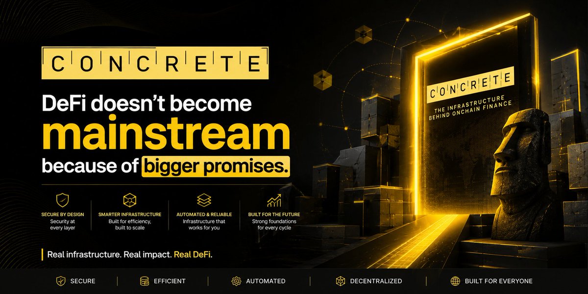 shibli3b's tweet photo. DeFi doesn't become mainstream because of bigger promises.

It becomes mainstream when the infrastructure is reliable enough that users don't have to think about what's happening under the hood.

That's the direction @ConcreteXYZ is taking.

Instead of optimizing for short-term attention, it's building the systems that make onchain capital more efficient, secure, and programmable.

Strong infrastructure means:
• Smarter vault architecture
• Automated capital management
• Security-first design
• A foundation that scales with the ecosystem

The next wave of DeFi won't be defined by who offers the highest APY.

It will be defined by who builds infrastructure that people can depend on through every market cycle.

That's where real long-term value is created.

What infrastructure feature do you think DeFi still needs the most?
