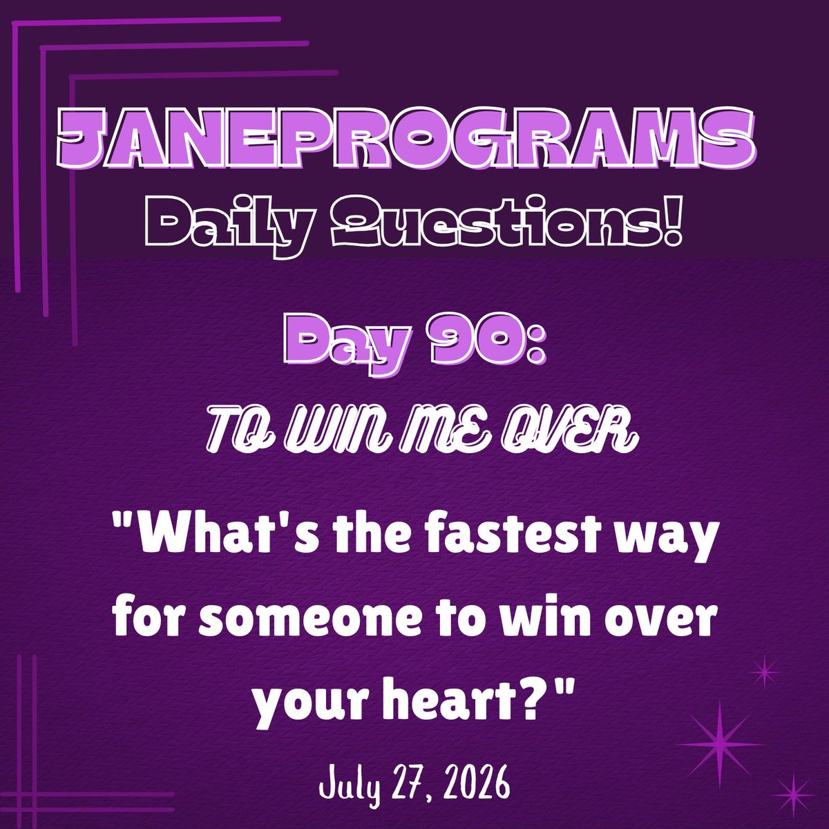 janeprograms's tweet photo. JANEPROGRAMS DAILY QUESTIONS: DAY 90 IS HERE!

What's the fastest way for you to be swayed by someone or multiple people? Food, compliments, acts of service, or otherwise?

Don't forget to tag us and use #jprogday090 so we can see your beautiful answers!

Happy answering! https://t.co/LVVyhuJZhg