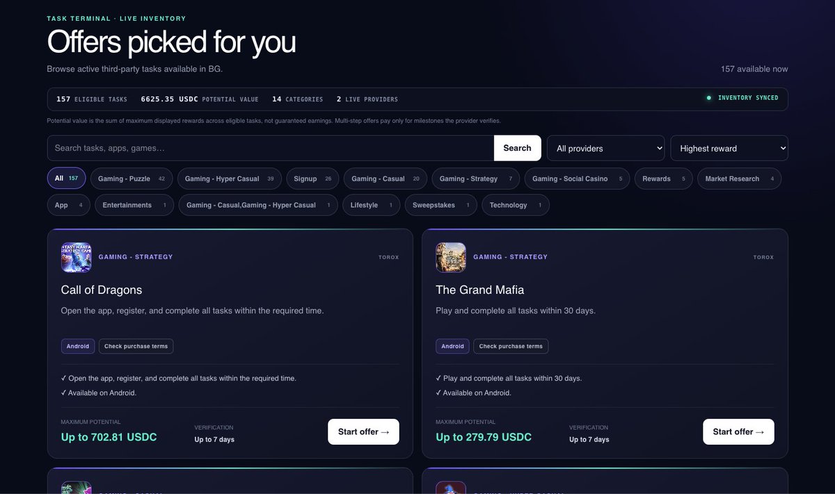 Bountura's tweet photo. Most “earn crypto” platforms start with a token.
We started with the plumbing:

→ Real third-party offers
→ Country-matched inventory
→ Provider-verified completions
→ Visible reward tracking
→ USDC payouts on Solana

Bountura is now live in beta.

What would you test first? https://t.co/cETGlVDOqD